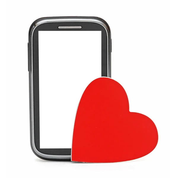 Smart phone and love red heart over a white background — Stock Photo, Image