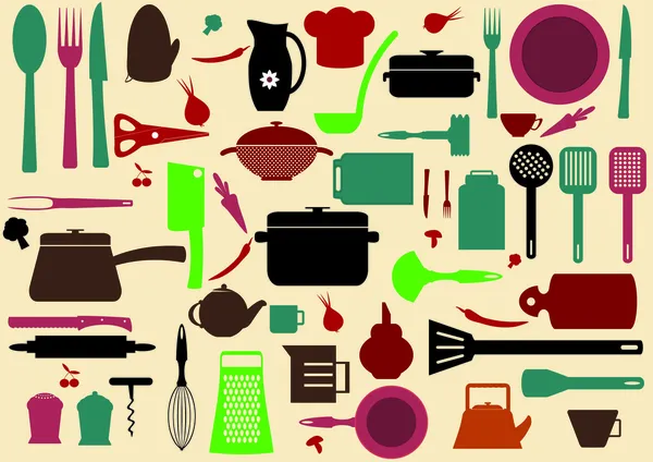 かわいいキッチン パターン。調理用のキッチン ツールの図 — ストックベクタ
