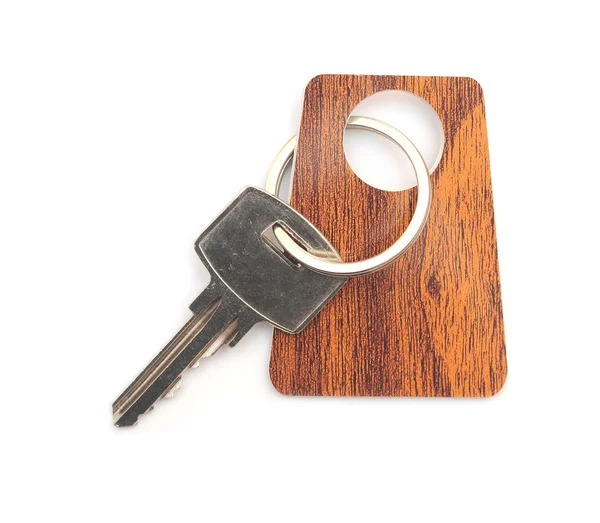 Zilveren sleutel met lege tag. ruimte voor uw tekst — Stockfoto