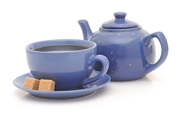 茶壶、 杯、 糖在白色背景上 — 图库照片