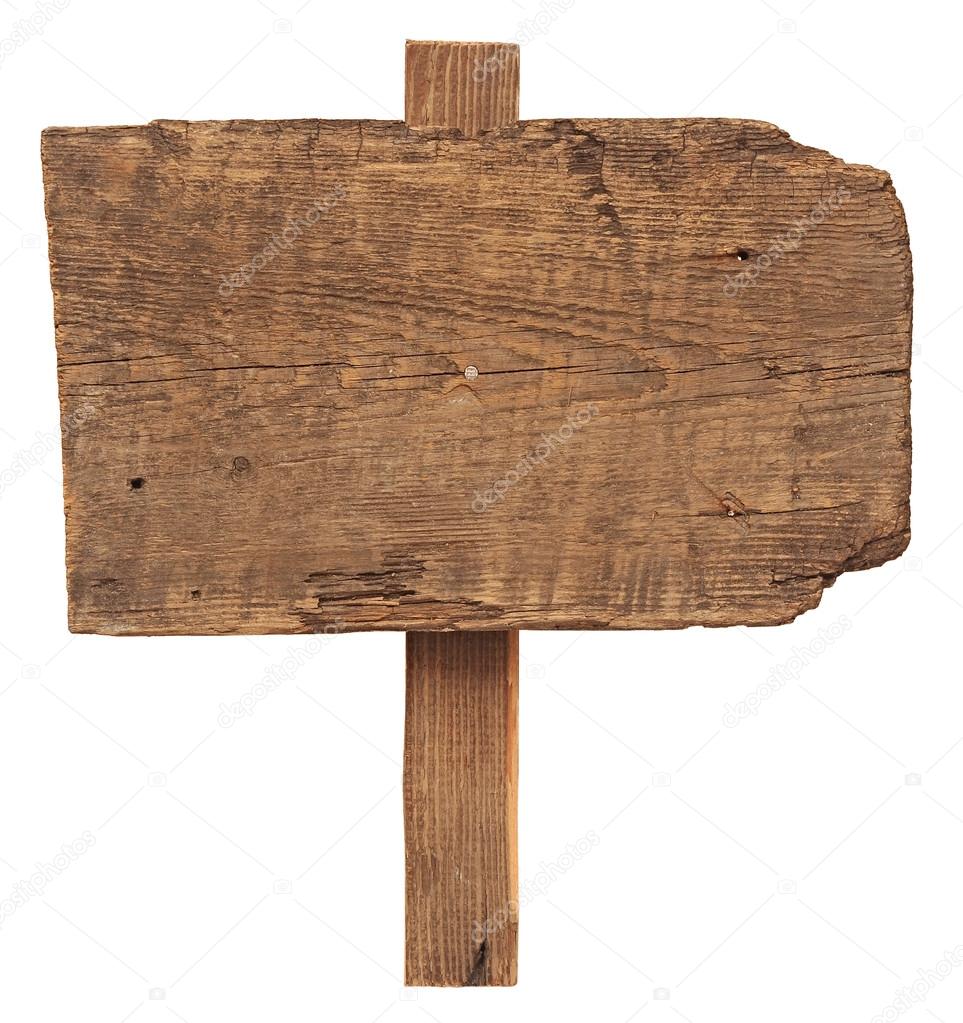 close up of an empty wooden sign isolated on white background