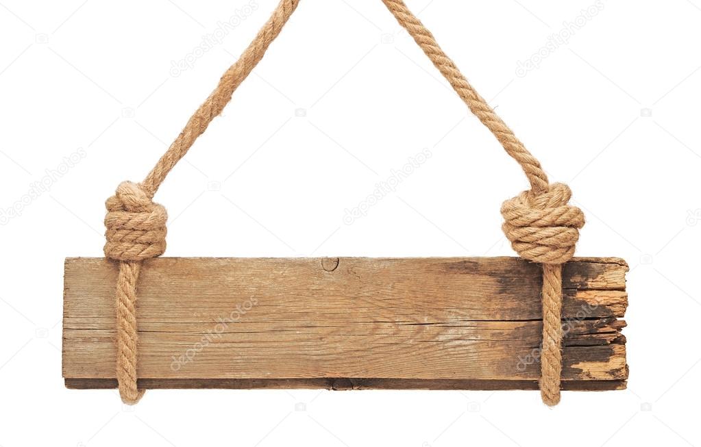 close up of an empty wooden sign hanging on a rope on white back