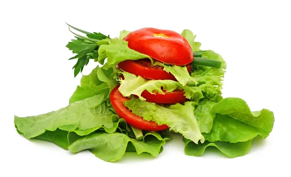 Tomat grönsaker och sallad sallad isolerad på vit bakgrund — Stockfoto