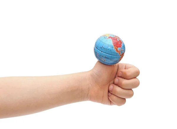 Closeup to a child's hand holding the globe on his finger — Stock Photo, Image