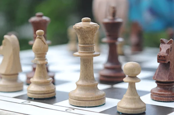 Peças de xadrez em uma mesa no parque — Fotografia de Stock