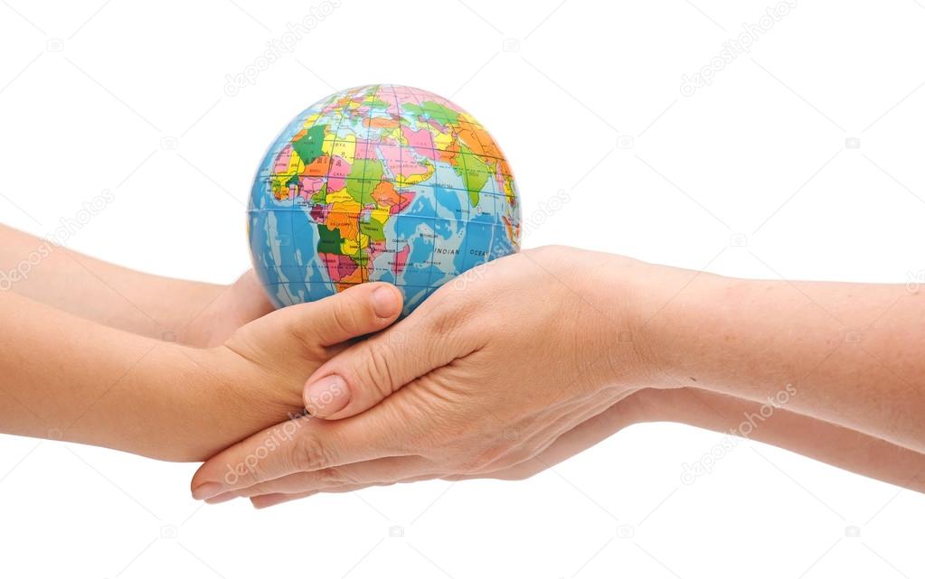 mom and child handing a globe white background
