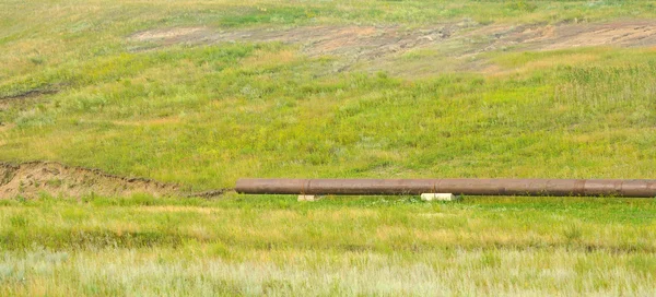 Tubulação de água em um campo verde cheio de grama alta — Fotografia de Stock