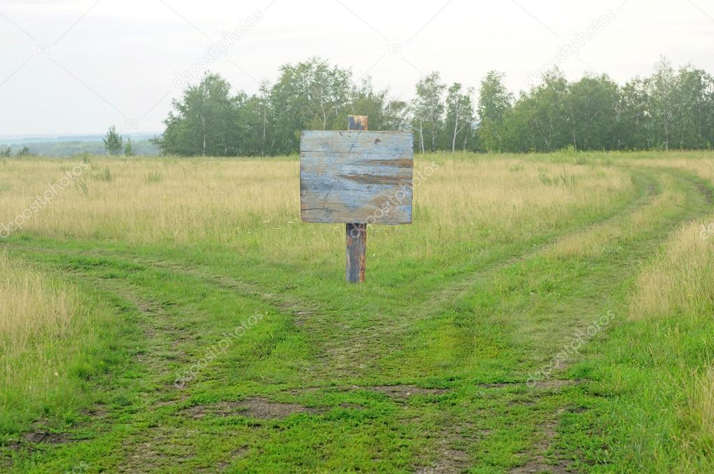 Showing a path splitting into two going with a blank signpost.