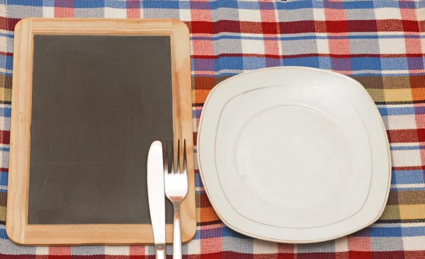 Menu blackboard with plate, knife and fork — Stock Photo, Image