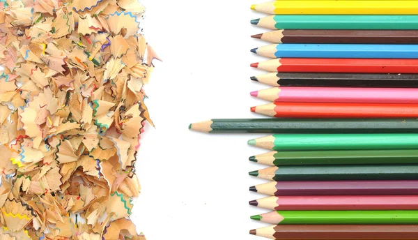 Colorful pencil border colorful pencil shavings on white backgro — Stock Photo, Image