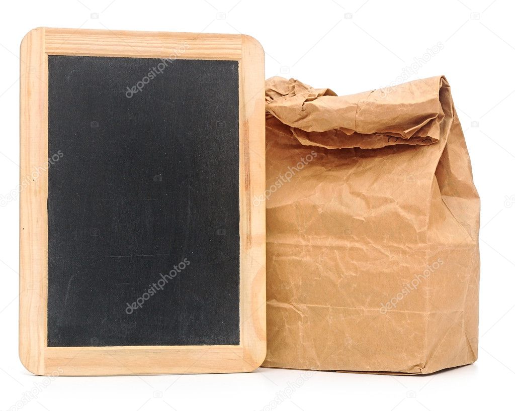 school lunch bag with blank blackboard on white