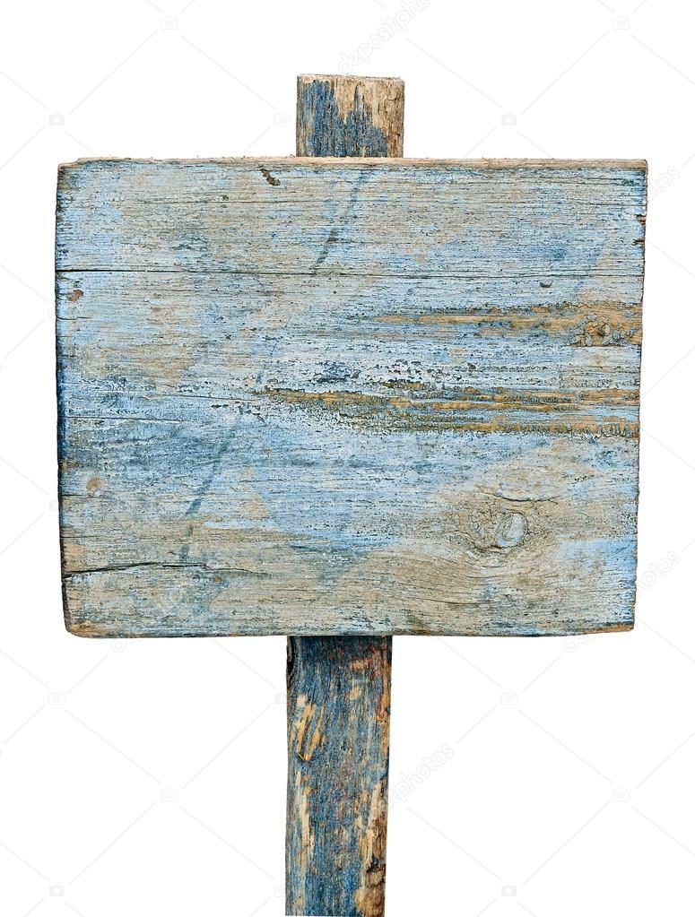 blue wooden sign on white