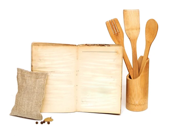 Wooden cooking utensils on white background. add your own text t — Stock Photo, Image