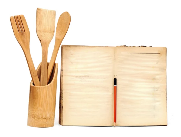 Wooden cooking utensils on white background. add your own text t — Stock Photo, Image