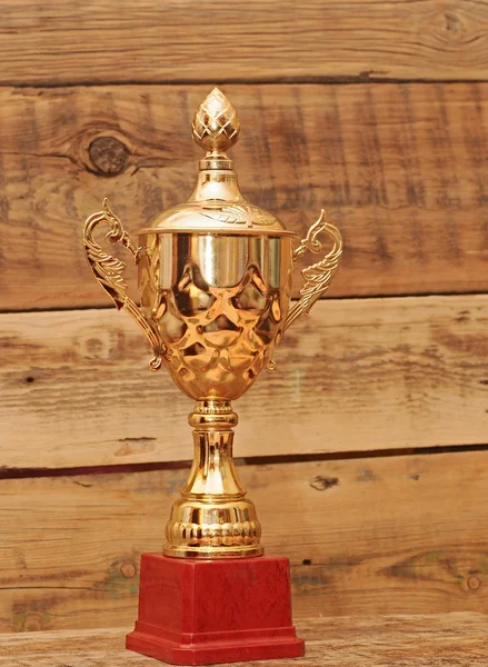 Golden trophy on wood background — Stock Photo, Image