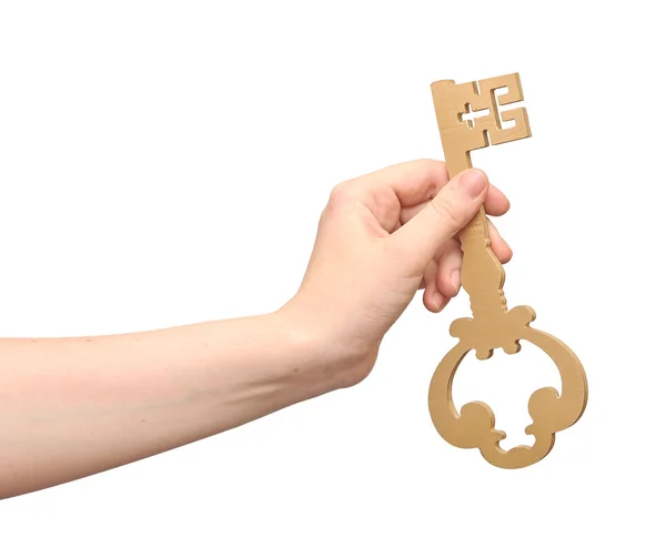 Gold key in hands of the person isolated on white background — Stock Photo, Image