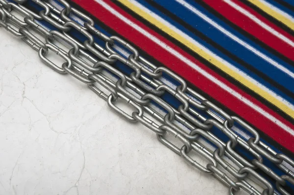 Paper vintage and metal chain border colorful stripe fabric — Stock Photo, Image