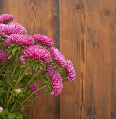 eski ahşap zemin üzerinde pembe Aster çiçek buketi
