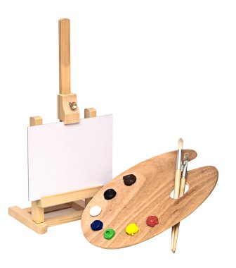 Wooden easel with clean paper and wooden artists palette loaded