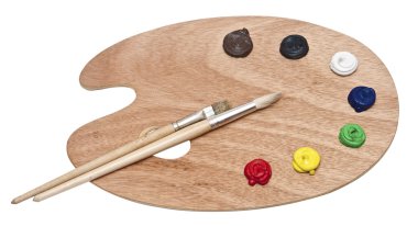 ahşap sanat palet boya ve fırça üzerinde beyaz izole