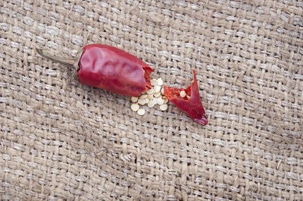 Peperoncino rosso peper su indossato backround hessian — Foto Stock