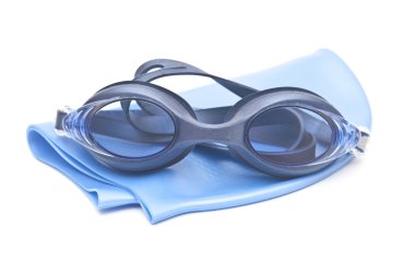 Blue swimming cap and goggles isolated on white clipart
