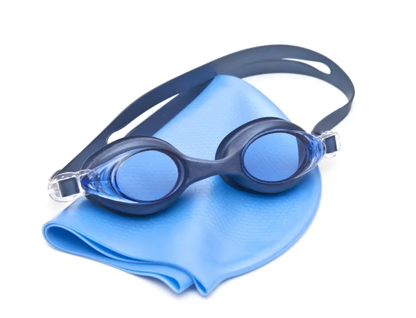 Blaue Badekappe und Schwimmbrille — Stockfoto