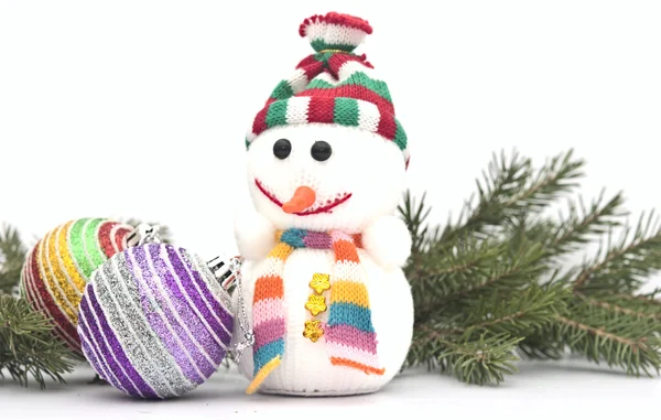 Christmas composition - snowman with branch fir tree and Christm — Stock Photo, Image