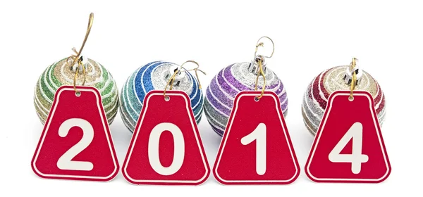 2014 figuras ano com bolas de Natal no fundo branco — Fotografia de Stock