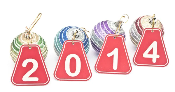 2014 jaar cijfers met kerstballen op witte achtergrond — Stockfoto