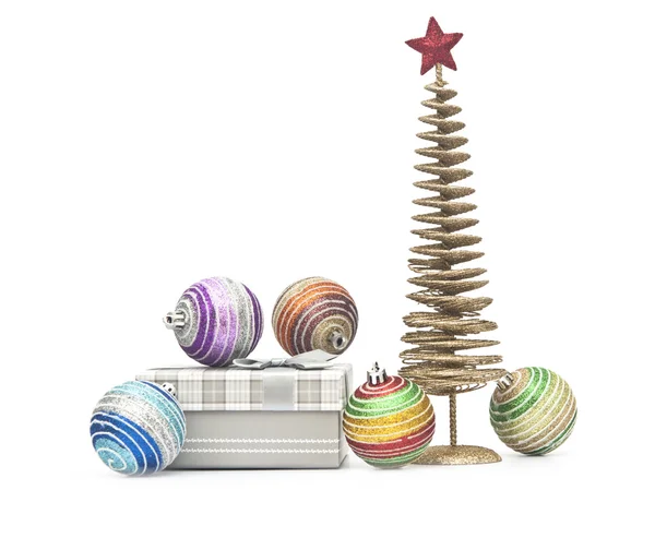 Zlatý vánoční jedle strom dekorace a dárky na bílém poz — Stock fotografie