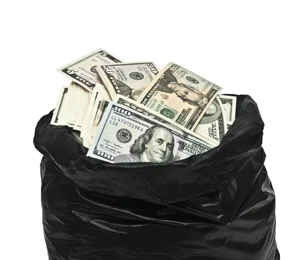 Saco de plástico cheio de dinheiro — Fotografia de Stock