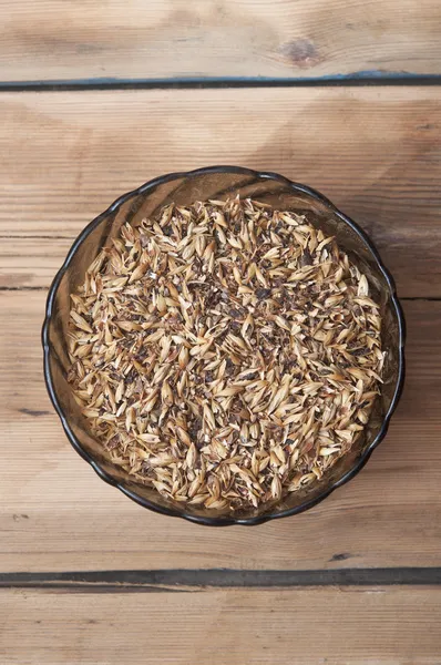 Barley grains of malt in glass bowl — Stock Photo, Image