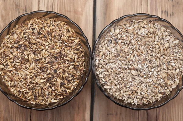 Dois copos tigela com cerveja ingredientes cevada malte — Fotografia de Stock