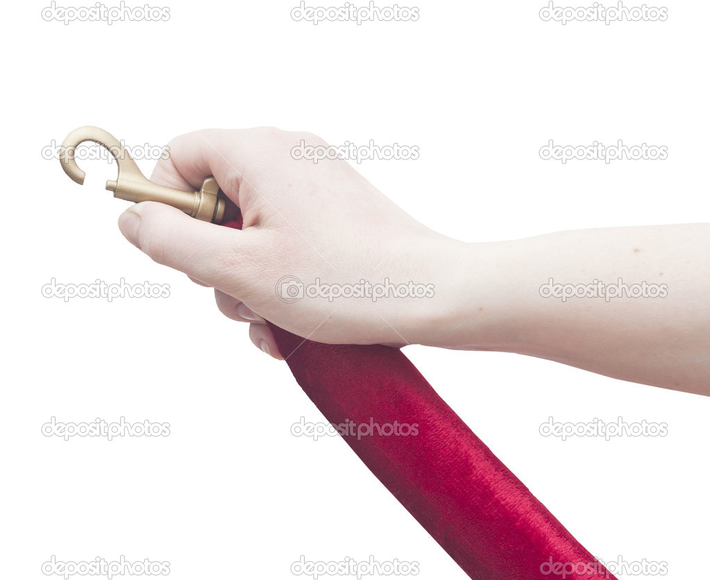  Human hand opening red velvet rope