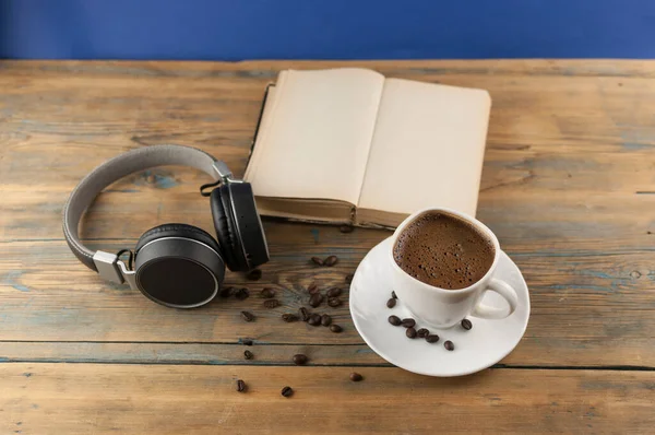 Open Book Blank Pages Next Cup Coffee Wooden Table Ready — Stock Photo, Image