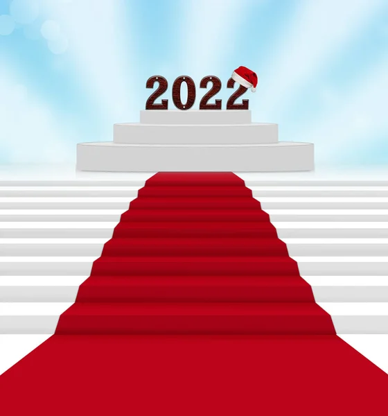 Podium和字2022与红色圣诞老人帽和红地毯 新年的房间 — 图库照片