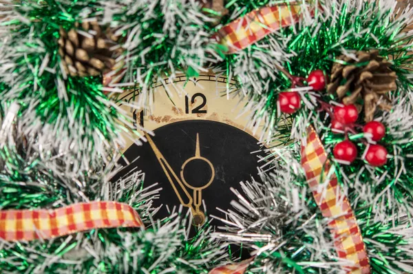 Vue Dessus Horloge Noël Vintage Avec Cadre Couronne Noël Sur — Photo