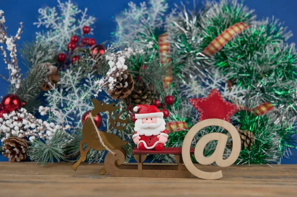 Happy New Year Sign Mail Christmas Decorations Wooden Table Front — Stock Photo, Image