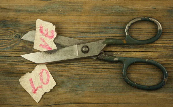 Old Scissors Word Love Concept Divorce Top View — Stock Photo, Image