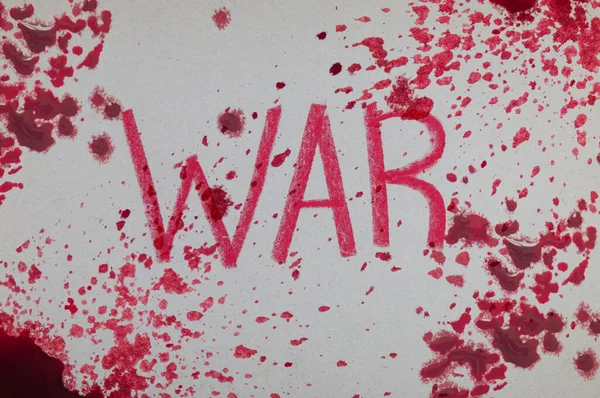 Кровавое Слово War Splatters Droplets Stains Paper Background — стоковое фото