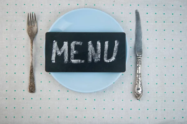 Restaurant Menu Design Restaurant Menu Empty Plate Cutlery Polka Dot — Stock Photo, Image