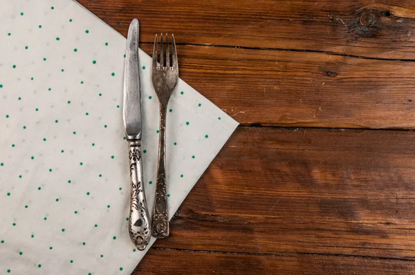 Tisch Gedeckt Vintage Messer Gabel Und Serviette Vorhanden Draufsicht Und — Stockfoto