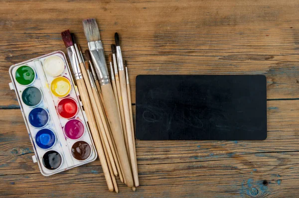 Watercolor Pallet Brushes Set Painting Wooden Background Flat Lay — стокове фото