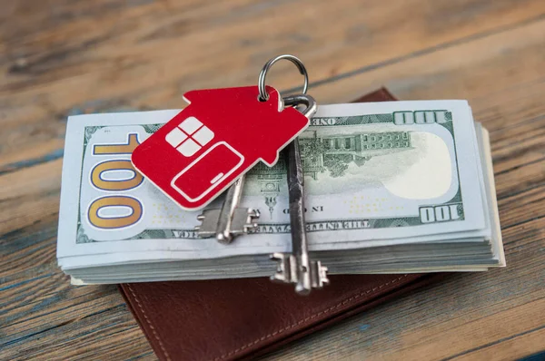 Brown Leather Wallet One Hundred Dollar Bills Wooden Table Ortune — Stock Photo, Image