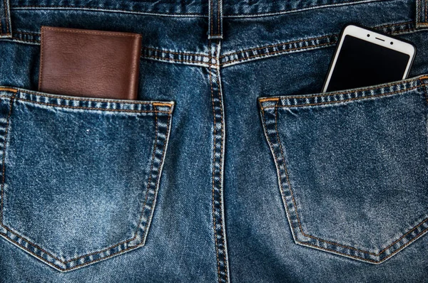 Smartphone Brown Leather Wallet Back Pocket Blue Shabby Jeans Hipster — ストック写真