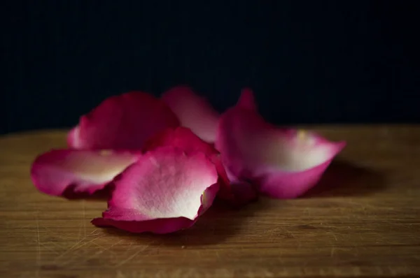 木材上的玫瑰花瓣和黑色光影复制空间背景 — 图库照片