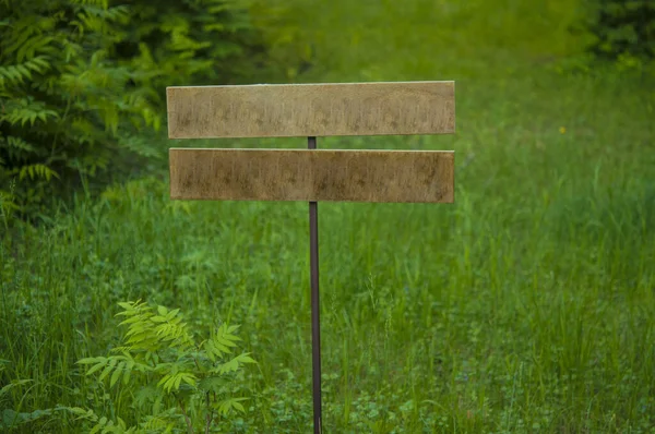 Arrow signs template. Blank opposite directions wood pointers on pole, forest trees background, copy space. Information, directional paths and trails signpost