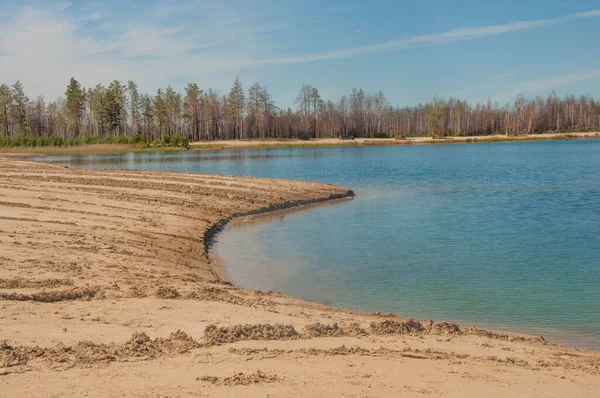 Paysage Fluvial Avec Banc Sable Apparaissant Sur Rivage Faible Niveau — Photo