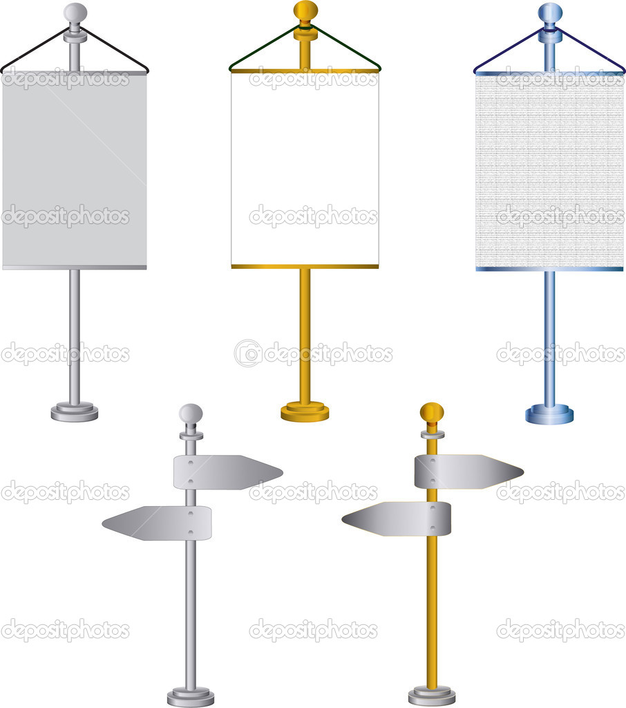 Flag stands, banners and road signs isolated on white background